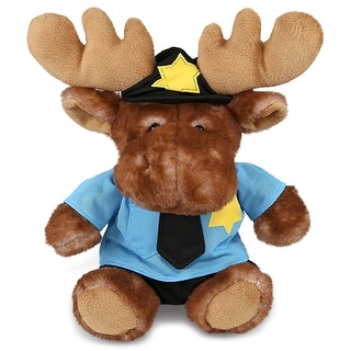 DolliBu Brown Sitting Moose Police Officer Plush Toy with Cop Uniform - 10 inches