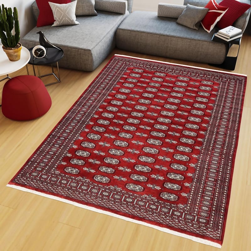 Southwestern Bokhara Kendall Red Gray Hand Knotted Rug - 6'2'' x 9'1''