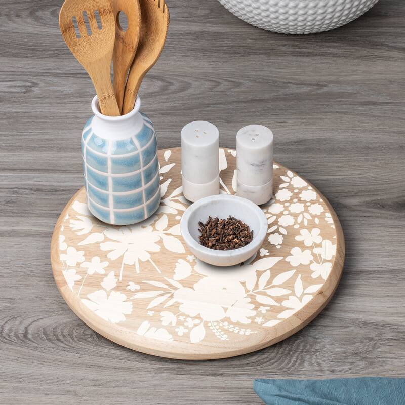 Full Bloom Round Mango Wood Lazy Susan Turntable 14" Diameter for Serving Kitchen Organization Condiment Caddy