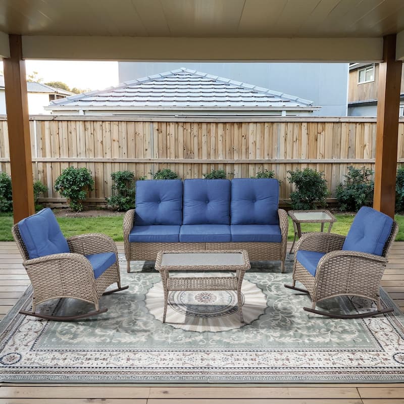 Gymojoy Outdoor Wicker Patio Furniture Sofa Chair Set Weather-Resistant - Grey Wicker / Blue Cusion - 5-Piece - Sofa & Rocking Chairs