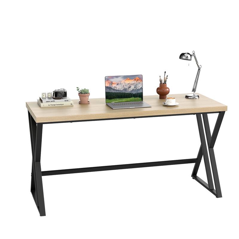 59 Inch Maple Black Computer Desk Industrial Office Desk with Spacious Workstation Sturdy Metal Frame Thick Tabletop
