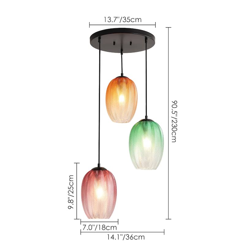 1/3-Light Modern Black Cylinder Colored Textured Gradient Glass Pendant Light for Kitchen Island or Stairway