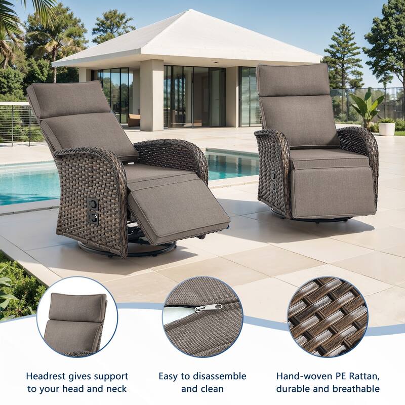 Meyreso 3-Piece Wicker Swivel Reclining Chaise Lounge with Adjustable Backrest & Footrest