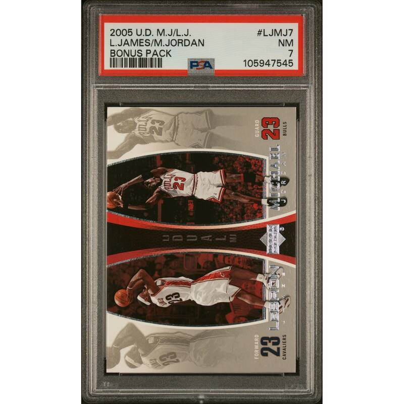 Michael Jordan LeBron James 2005 Upper Deck Bonus Pack Basketball Card #LJMJ7 Graded PSA 7 Cert # 105947545 - 8' x 11'