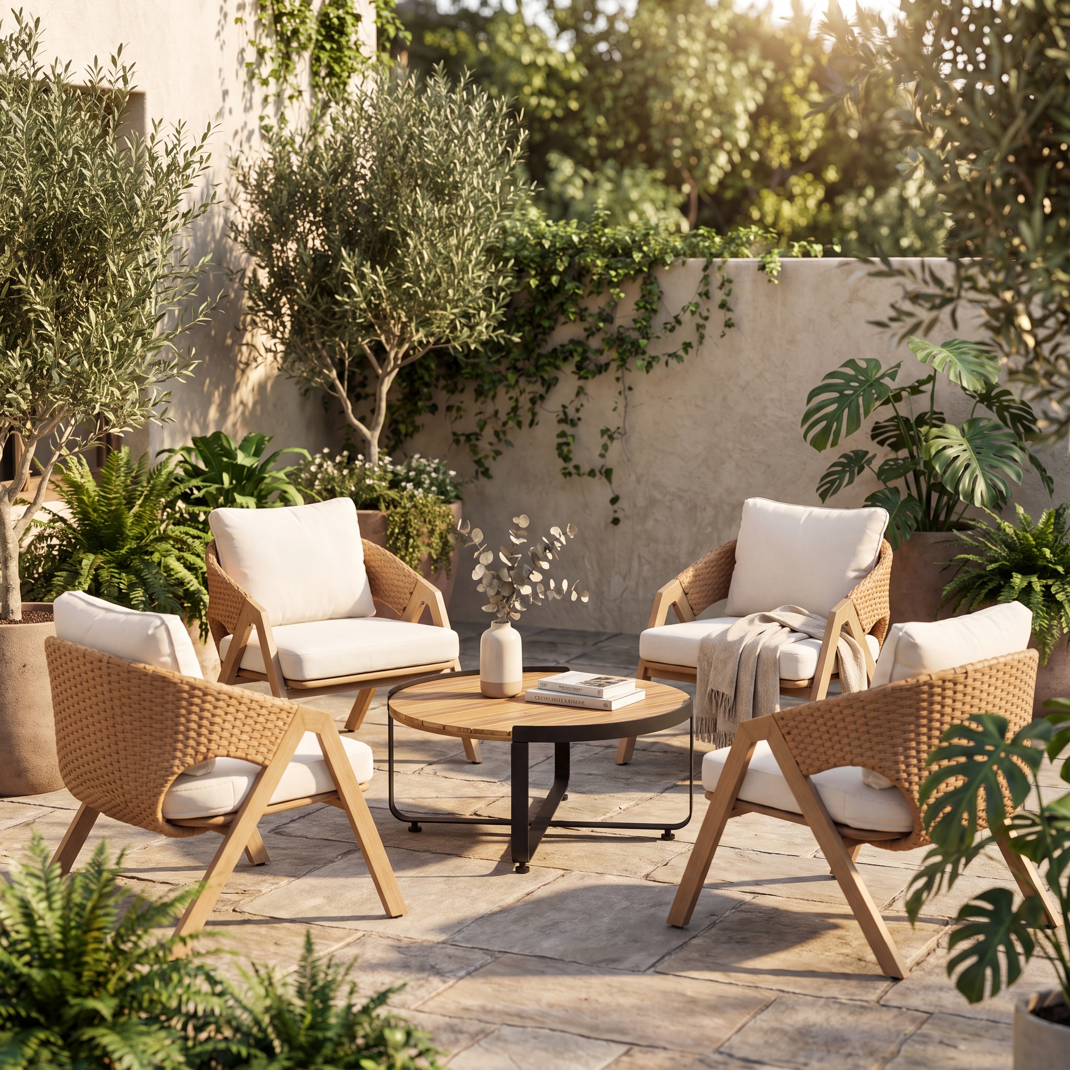 Christopher Knight Home - Farmhouse 5-Piece Outdoor Patio Conversation Set, Wicker Rattan Chair, Steel Frame & Acacia Wood Table