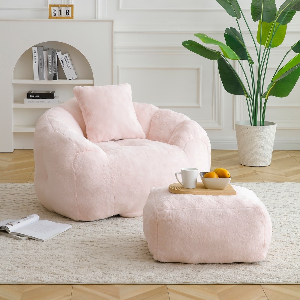 Bean Bag Chair With Footstool, Oversized Bean Bag,Faux Fur Shell-Shaped Large Chair With Filler,Stuffed Big Accent Sofa