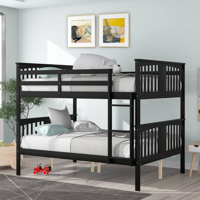 Full over Full Bunk Bed with Ladder, Espresso, No Box Spring Needed, Solid Pine Wood Construction