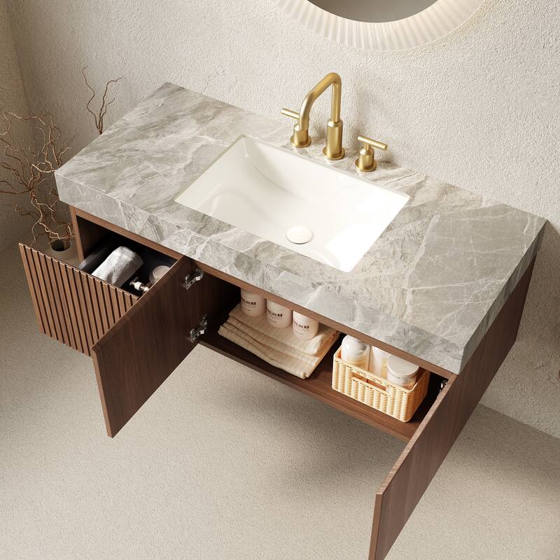 Floating Bathroom Vanity with Sintered Stone Top & Undermount Ceramic Basin with Three Pre-drilled Faucet Holes
