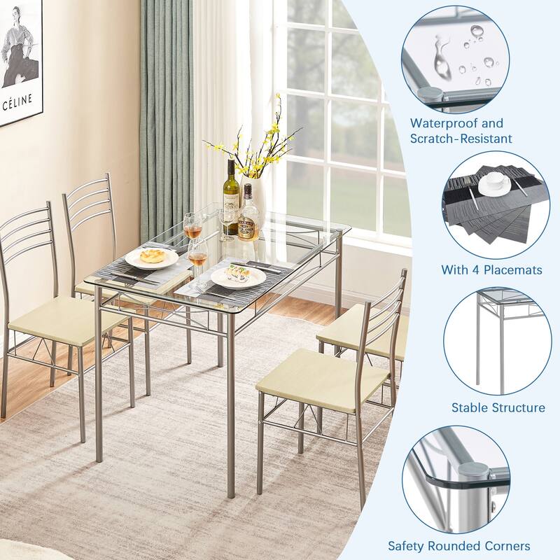 5-pieces Modern Dining Sets,Tempered Glass Table Top and 4 PU Chairs