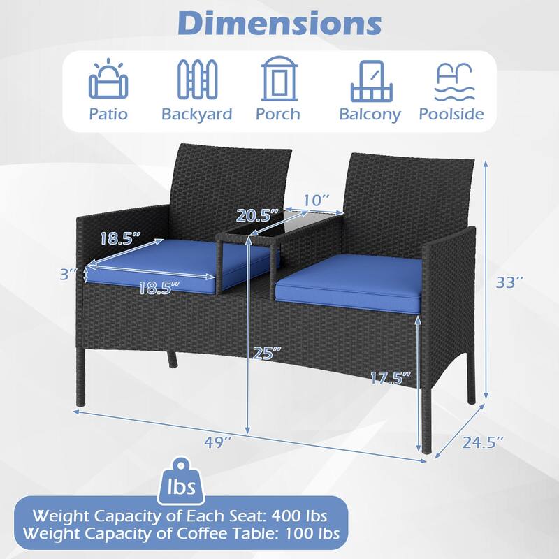 Gymax Patio Loveseat w/ Built-in Table Soft Cushions & Tempered Glass