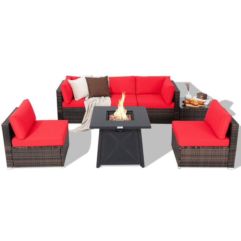Gymax 7PCS Rattan Patio Sectional Furniture Set w/ 30'' Fire Pit Table