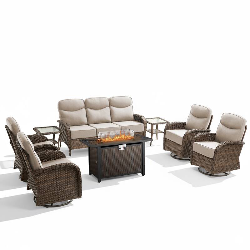 Luna 8-Piece Wicker Outdoor Patio Fire Pit Sofa Set with 6-Inch Thick Cushions