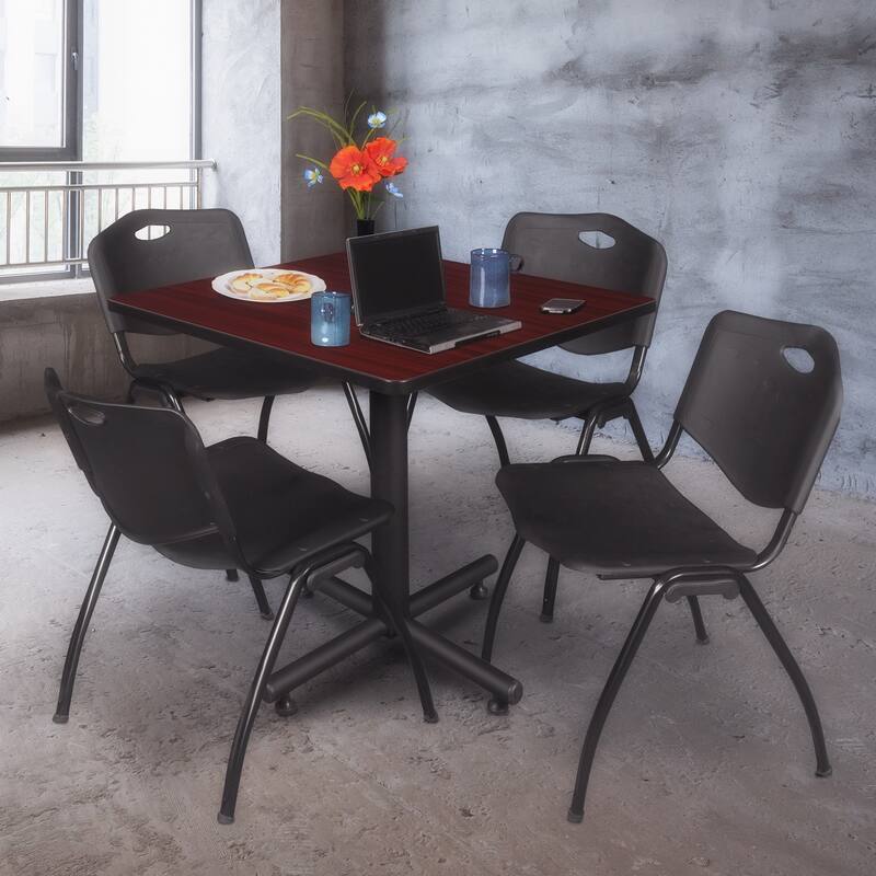 36 in. Square Breakroom Table- Mahogany & 4 'M' Stack Chairs- Black