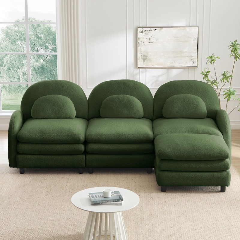 98.2" Teddy Fabric Sectional Sofa with Curved Pillows and Ottoman - Green