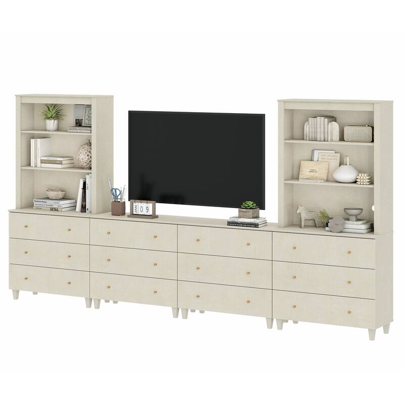 WAMPAT Modern Entertainment Center with Bookshelves for 75" TVs - 12 Drawers - Beige Linen Printed