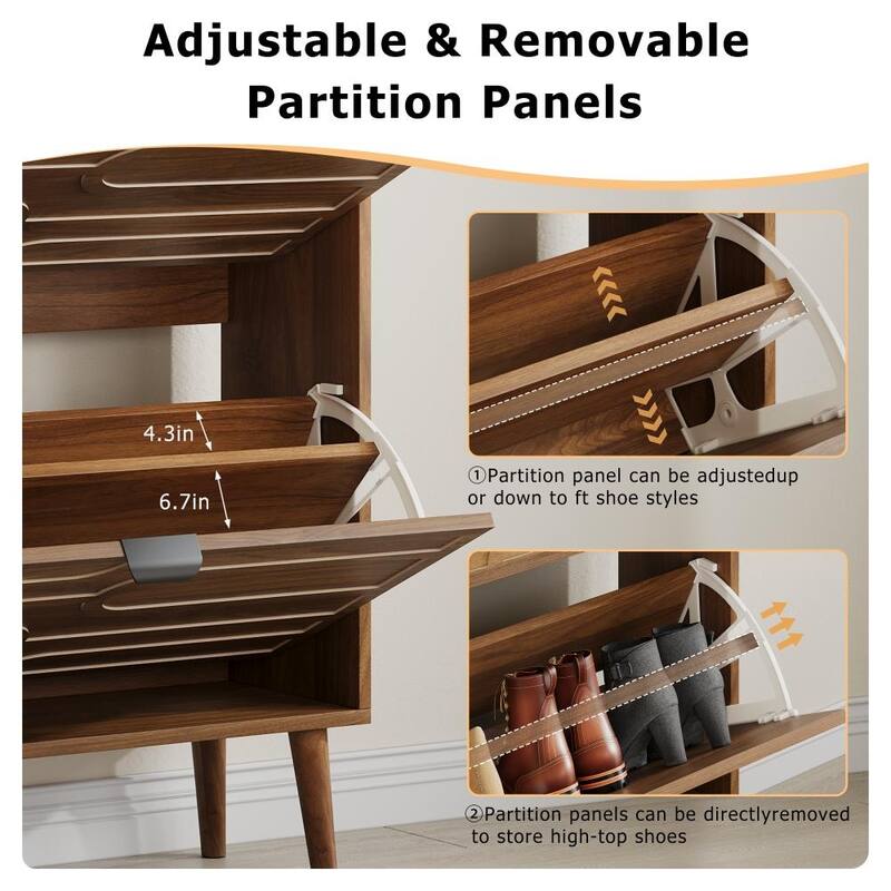 Modern 31.5 in Walnut Shoe Storage Cabinet with 2 Flip Drawers