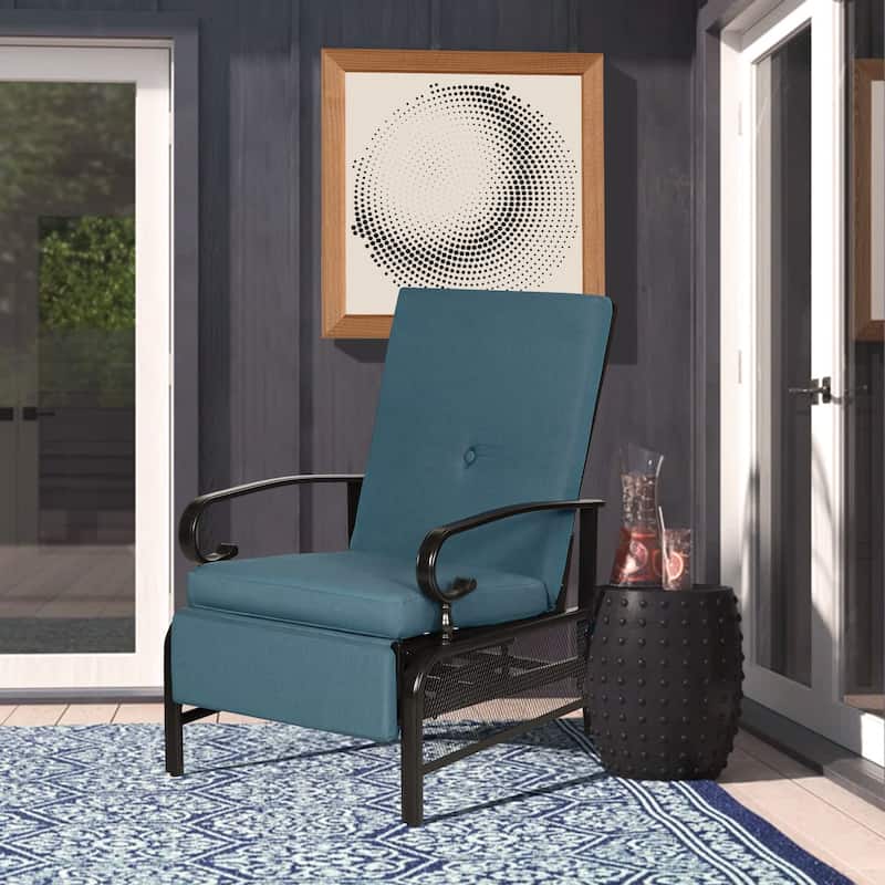 Outdoor Metal Patio Adjustable Recliner Lounge Chair & Bistro Table Set, Retractable Steel Frame and Removable Thick Cushion