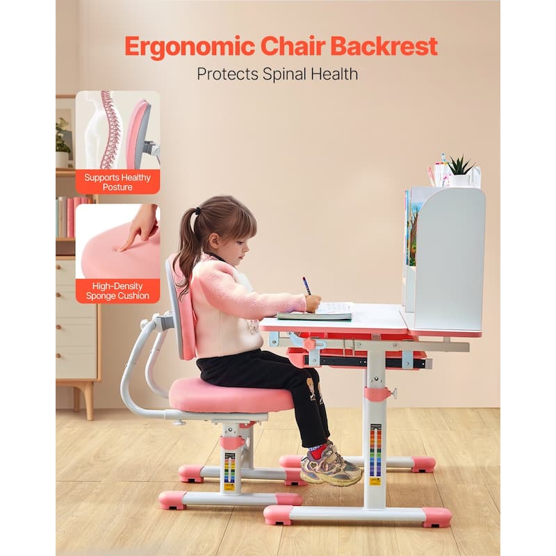 Pink Kids Height Adjustable Chair and Desk with Bookshelf and Storage Drawer and - 31.50 x 23.62 x (21.26 - 28.74) in