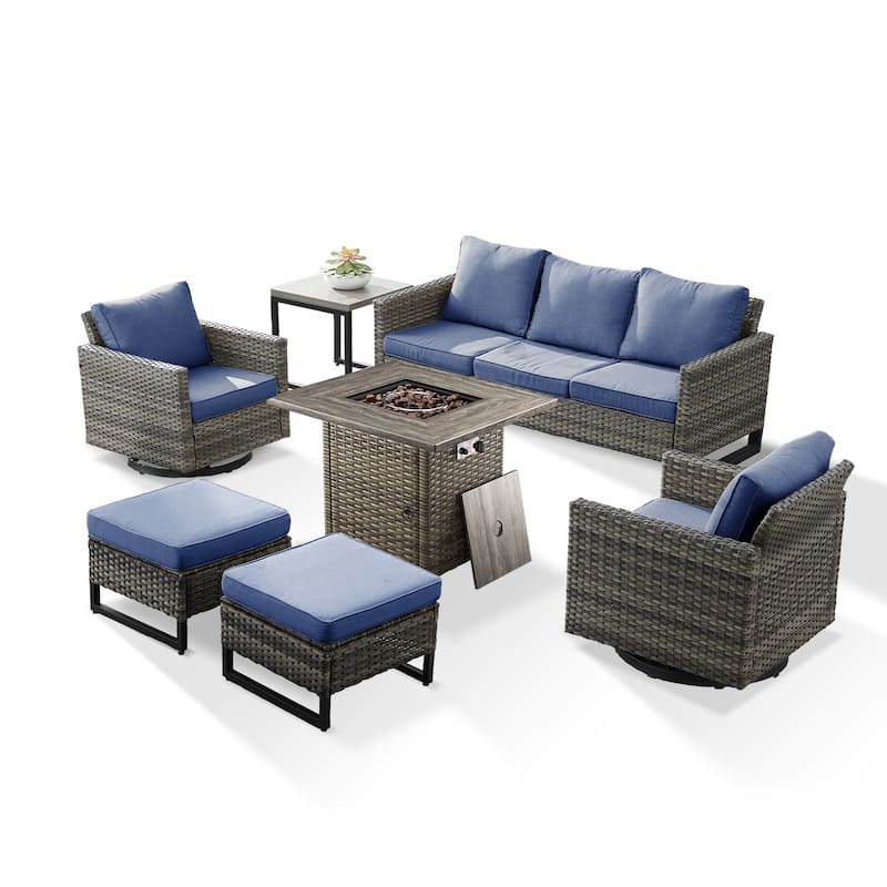 7 Pieces Fire Pit Table with Sofa Swivel Chair Ottoman Set