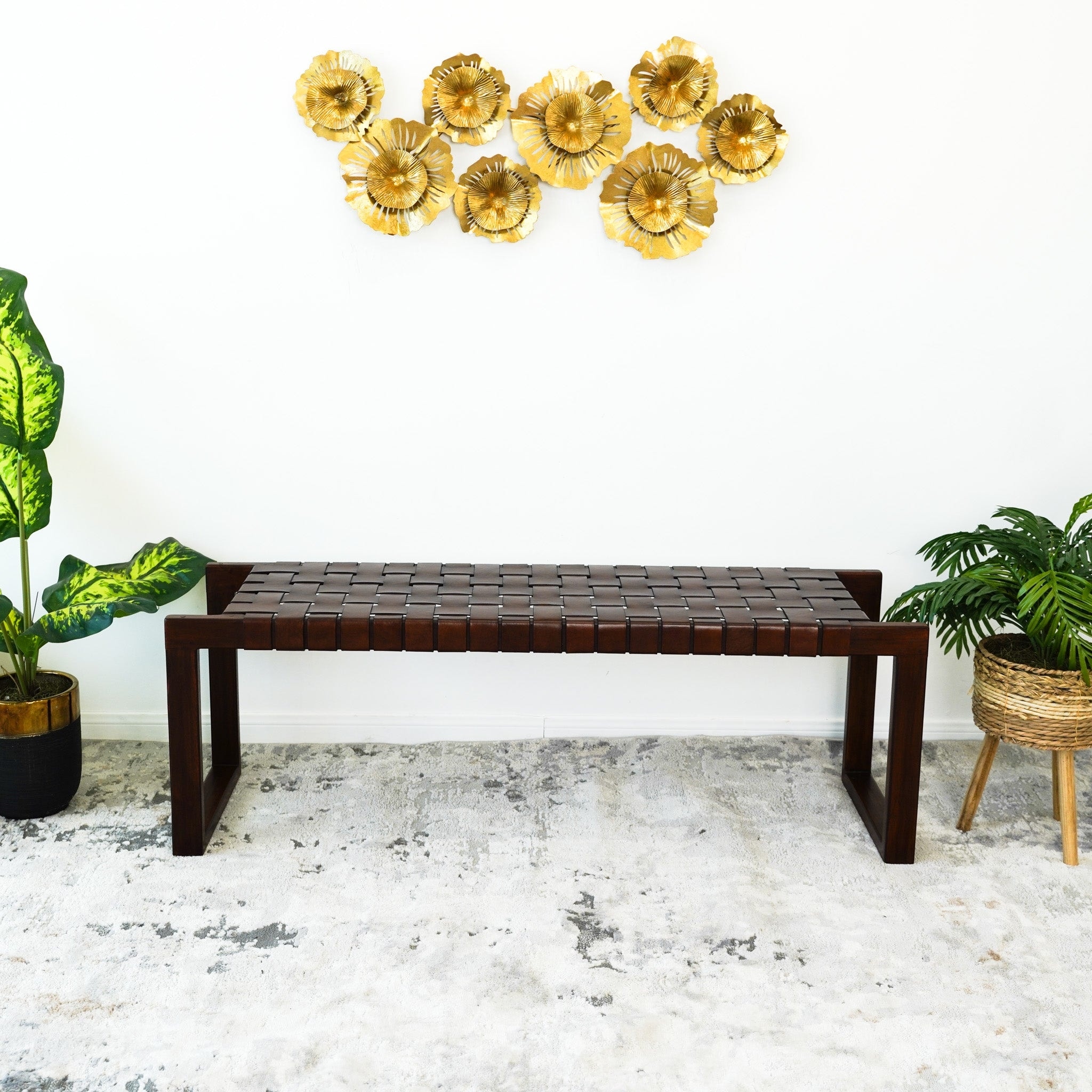 GDFStudio - Christina Mid-Century Modern 55" Tan Genuine Leather Upholstered Bench with Solid Wood Tapered Legs - 55.1"W