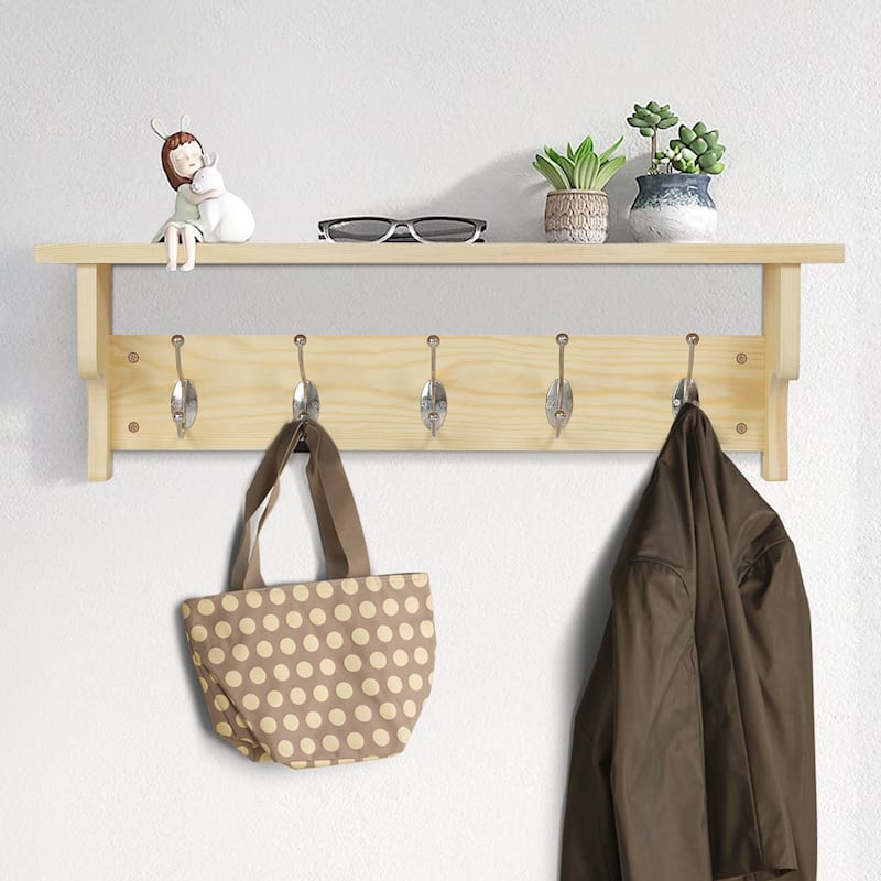 5/8 Metal Hooks Rustic Wall Mounted Coat Rack w/ Storage Shelf