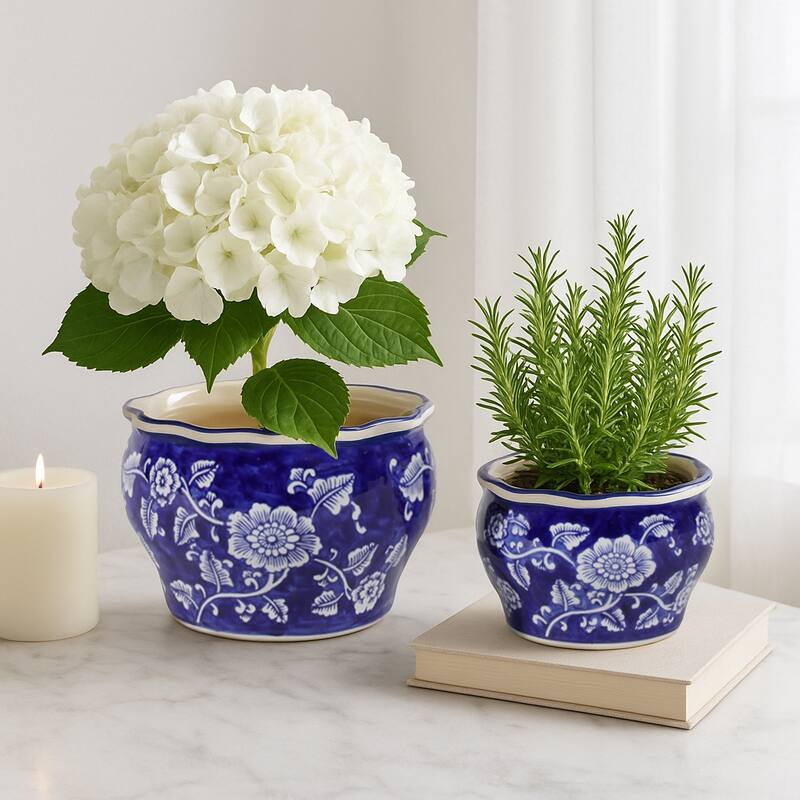 Traditional Ceramic Chinoiserie Planters - Set of 2
