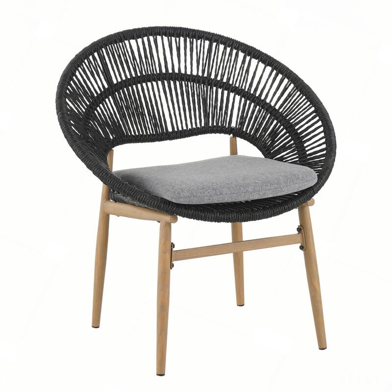 Outdoor Wicker Papasan Style Dining Chair with Beige Cushion, Set of 2