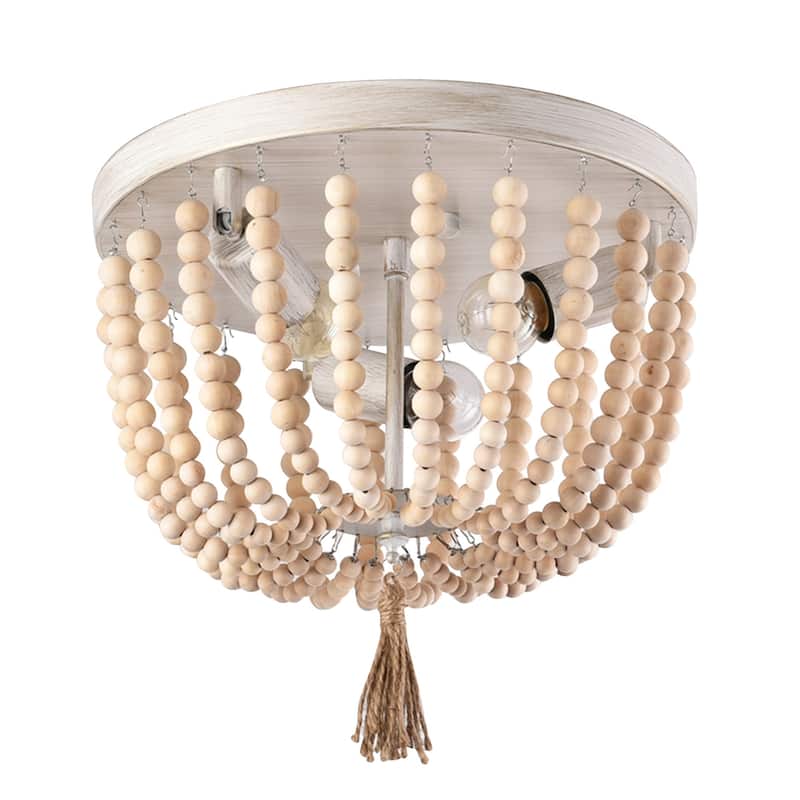 3-Light Wood Bead Chandelier Rustic Flush Mount Ceiling Light Fixture - 10.2x12.6inch (Hx Dia) - 10.2x12.6inch (Hx Dia)