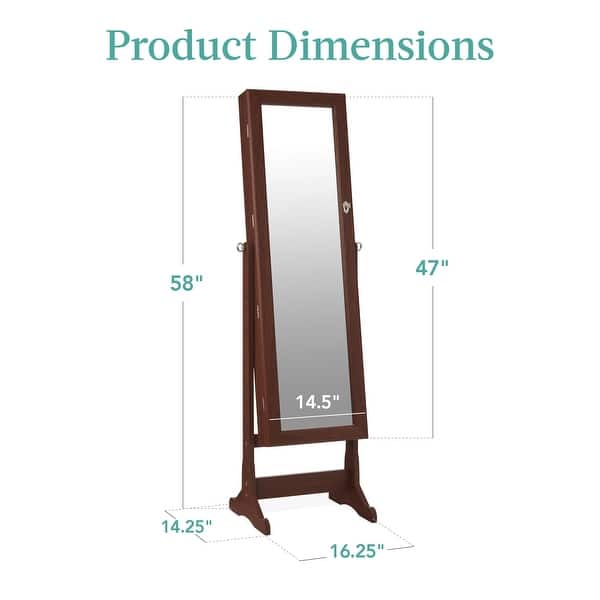 dimension image slide 4 of 6, Freestanding Jewelry Armoire Cabinet, Full Length Standing Mirror, Lockable Makeup Storage Organizer, w/Velvet Lining, 5 Shelves