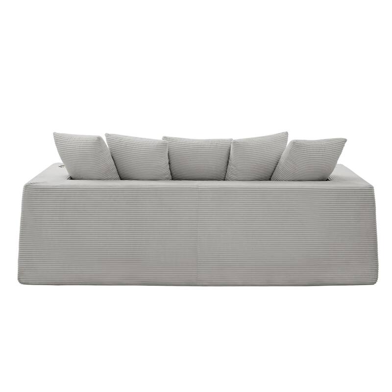 Modern Convertible Loveseat Sofa Bed, Corduroy Fabric Foldable Floor Couch w/5 Pillows, Side Pockets & Cup Holders, No Assembly