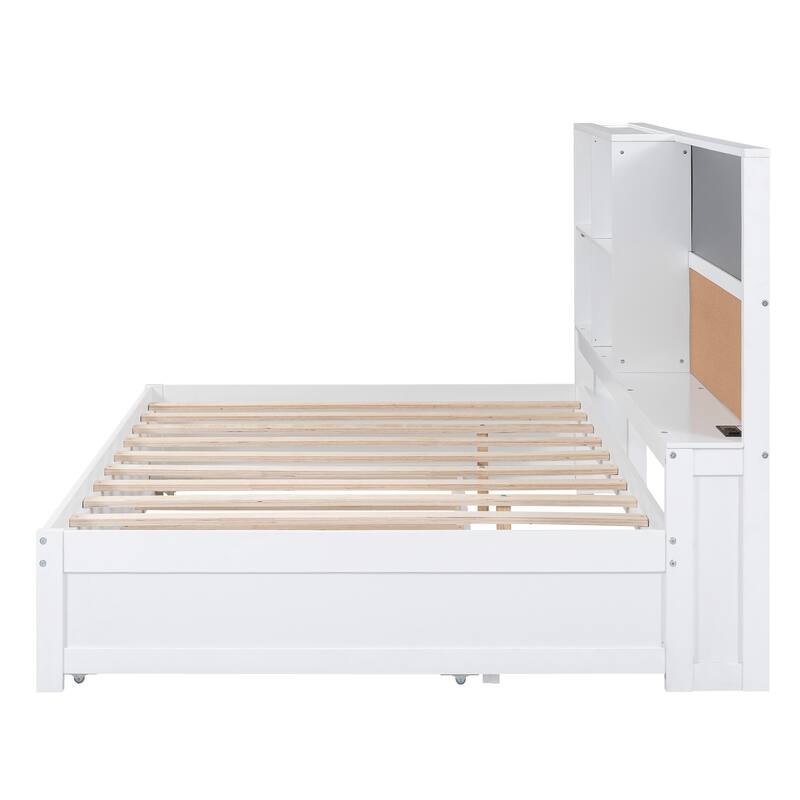 Full Size Wood Daybed with Storage Shelves, Blackboard, Cork Board, USB Charging Ports, and Trundle