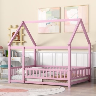Full Size Wooden Floor Bed with House Roof Frame and Guardrails