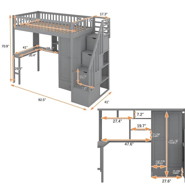 dimension image slide 1 of 3, Twin size Loft Bed with Bookshelf,Drawers,Desk,and Wardrobe