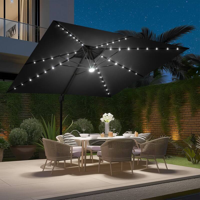 11 FT Outdoor Solar Powered LED Patio Cantilever Umbrella Double Top Square Umbrella