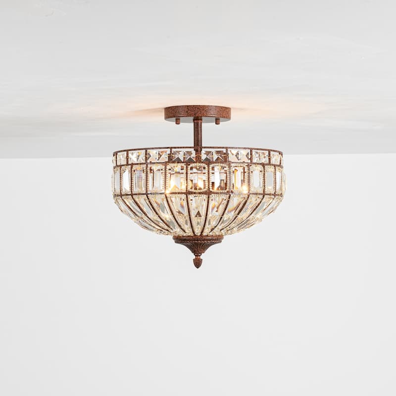 15.6" 3-Light Retro Rust-Colored Bowl Shaped Faceted Clear Crystal Semi-Flush Mount Ceiling Light for Bedroom, Kitchen