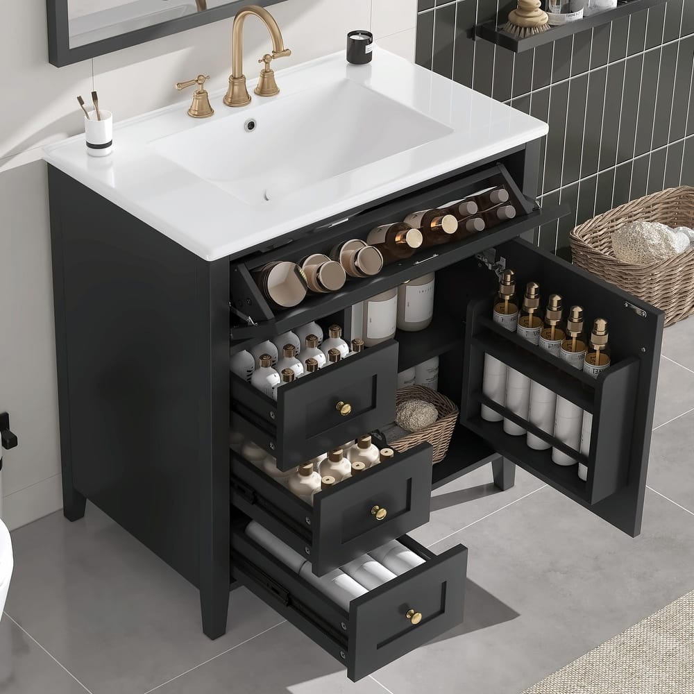 Bathroom Vanity with Sink, Modern MDF and Rubberwood Cabinet with 3 Drawers and Adjustable Shelf