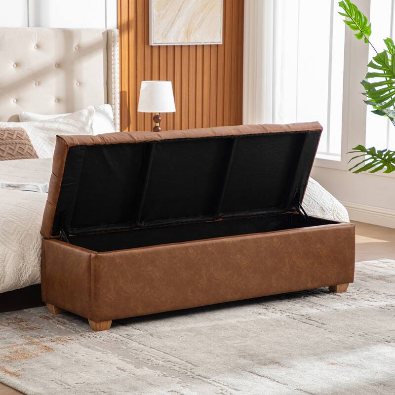 Faux Leather Storage Ottoman Bench End of Bed Bench, Tufted Flip-Top Accent Window Bench with Legs, Bedroom Footrest