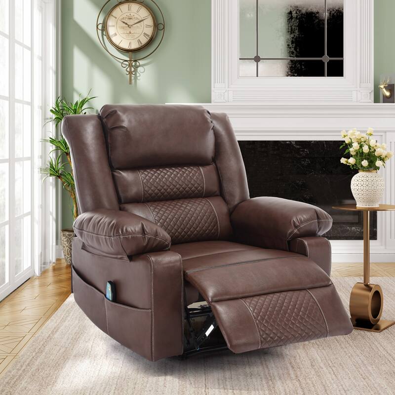 Brown Manual Leather Massage Recliner with 8-Point Vibration, Lumbar Heating, and Various Reclining Positions