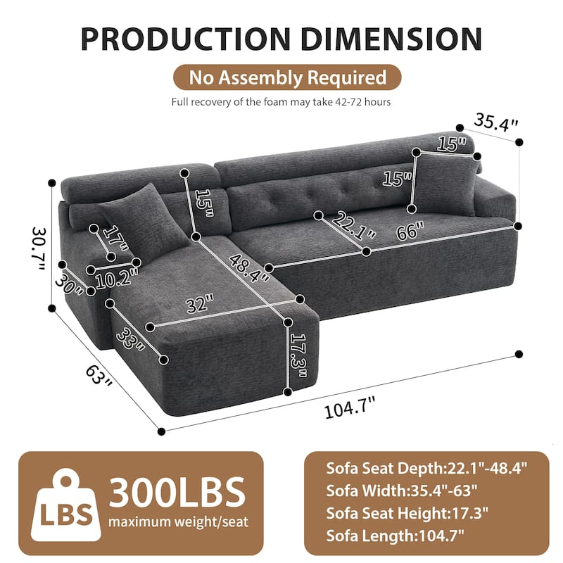 105" Wood Grain Chenille 3-Seater Sectional Sofa with Chaise Lounge and 2 Pillows