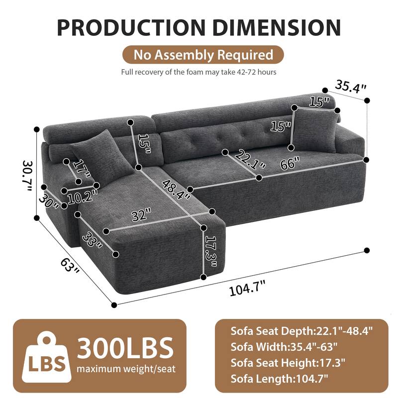 Full Compression Chenille Convertible L-Shape Chesterfield-Inspired Design Sofa Chaise