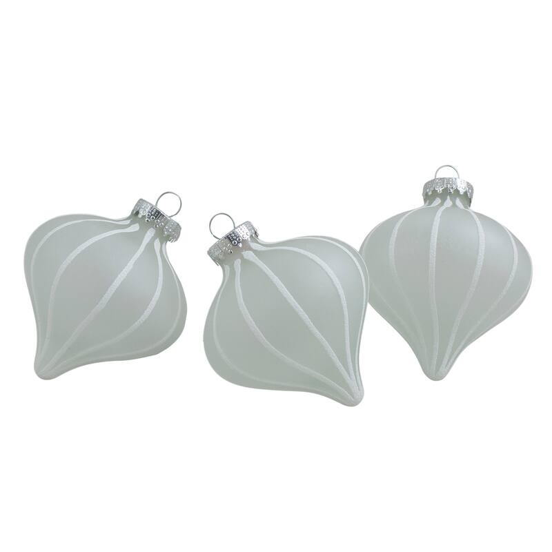 3ct White Matte Stripes Glass Christmas Onion Drop Ornament 3.25"