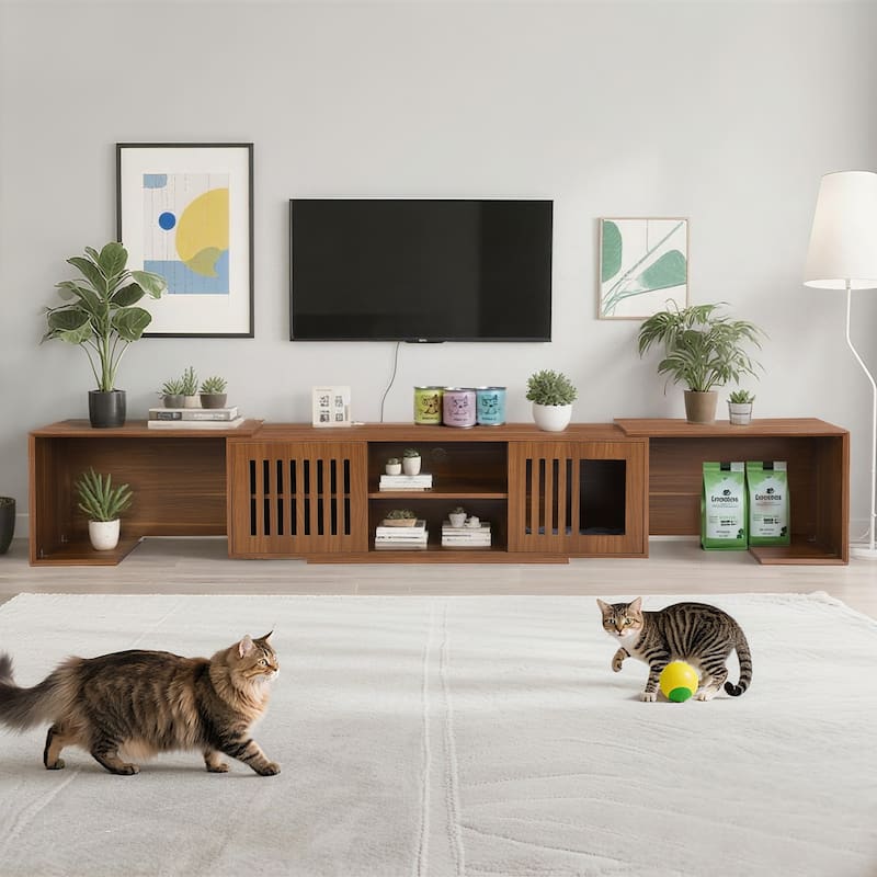 Anmytek Extendable TV Stand with Cat Cave Pet Friendly Media Console Adjustable Wooden Modern Living Room Storage - Walnut