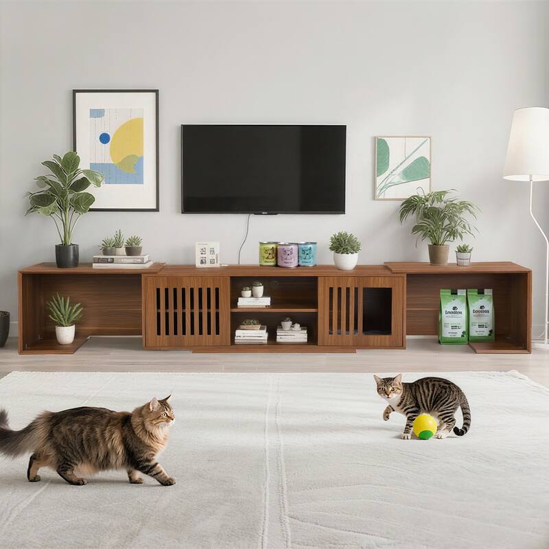 Medieval-Style Modern Extendable TV Stand with Sliding Door, Cat House and Litter Box Enclosure, for Living Rooms - Beige