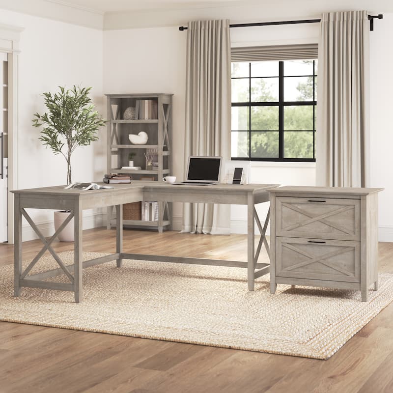 Key West 60W L Desk with 2 Drawer File Cabinet by Bush Furniture - Washed Gray