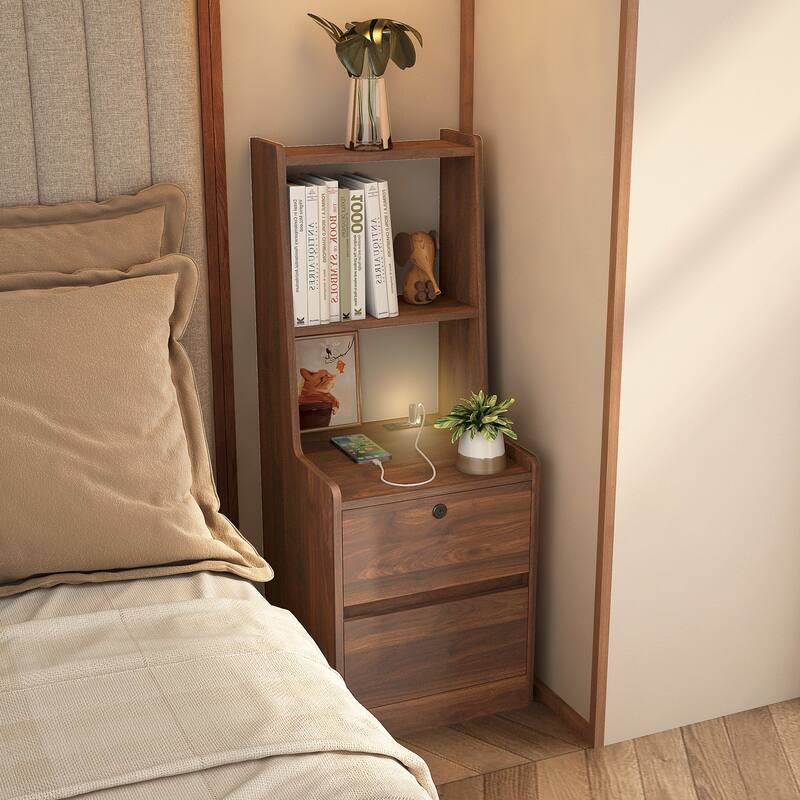 Nightstand with Charging Station, Smart Nightstand with Night Light, Modern Night Stand with Bookshelf