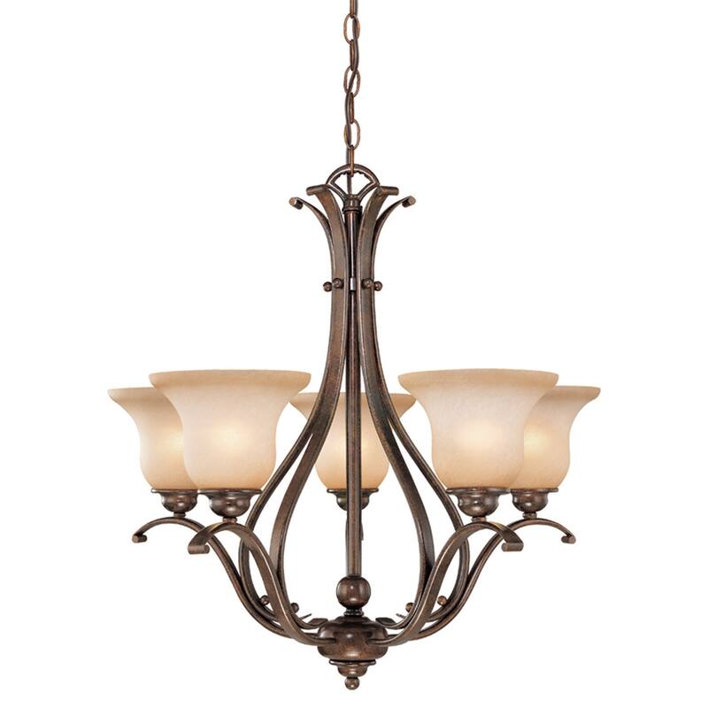 5 Light Bronze Chandelier with Metal Frame and White Glass Shades for Living Room, Dining Room, or Entryway Décor - 25.5