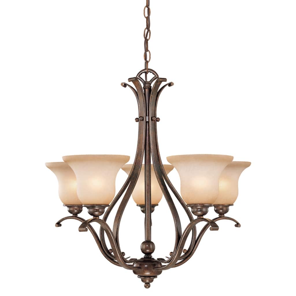 5 Light Bronze Chandelier with Metal Frame and White Glass Shades for Living Room, Dining Room, or Entryway Décor - 25.5