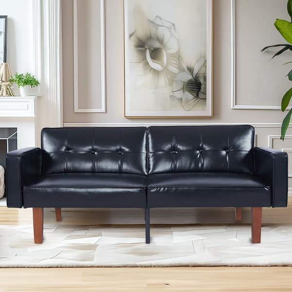 slide 2 of 33, 68 in. Soft Convertible Sofa Bed with Adjustable Backrest and Solid Wood Legs Black-Smooth PU