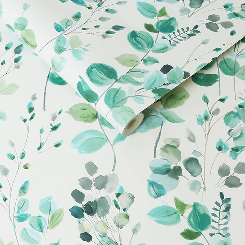 Watercolor Leaves White and Green Wallpaper - N/A