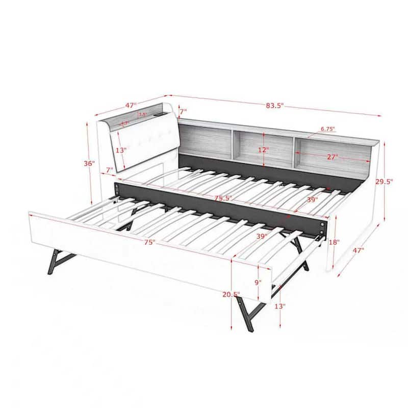 Twin Size Velvet Upholstered Daybed with Storage Headboard, LED and Wireless Charging - Optional Trundle Bed or Storage Drawers